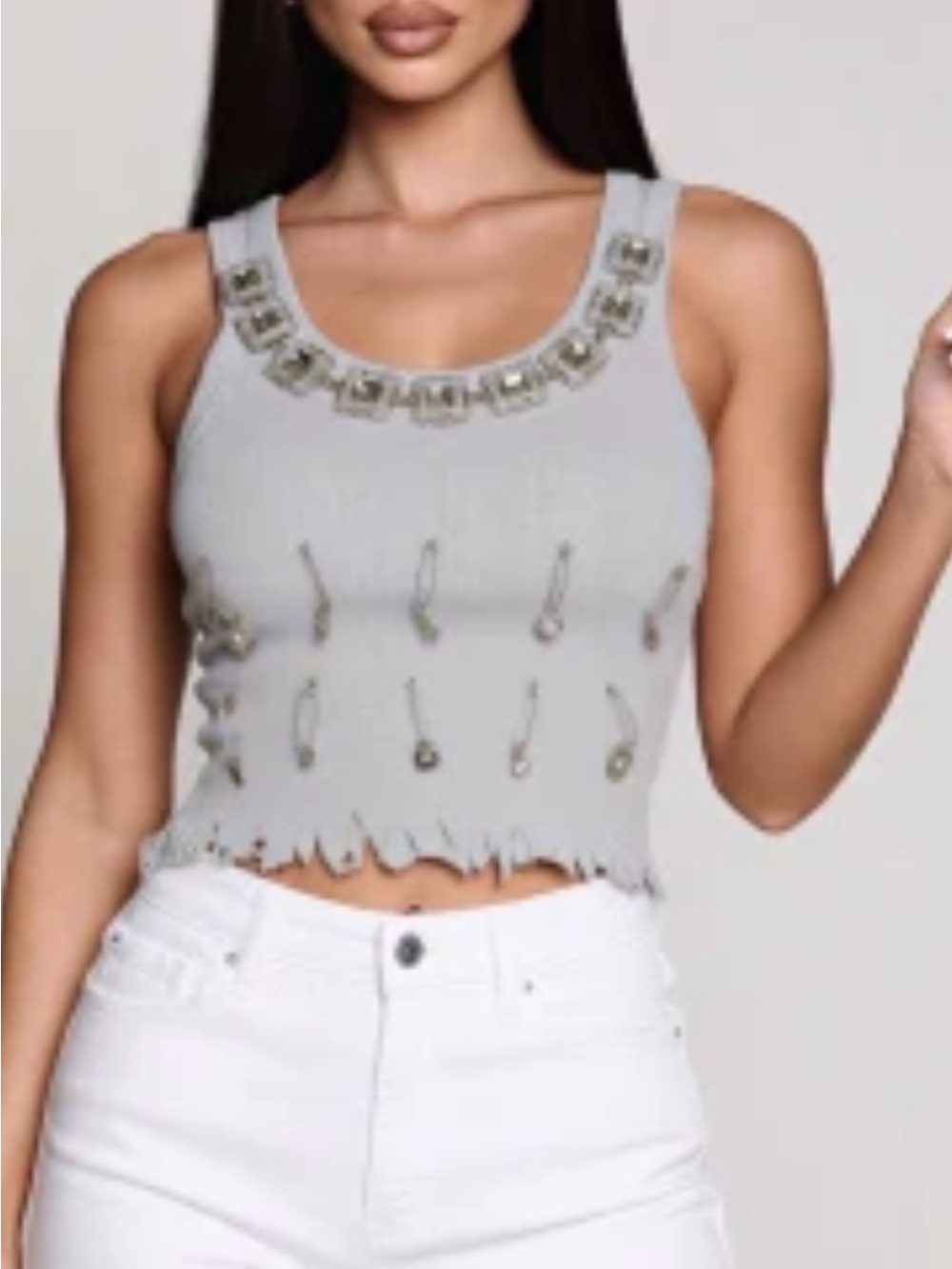 NWT AKIRA Light Gray Embellished Crop Tank with Safety Pin Accents size S